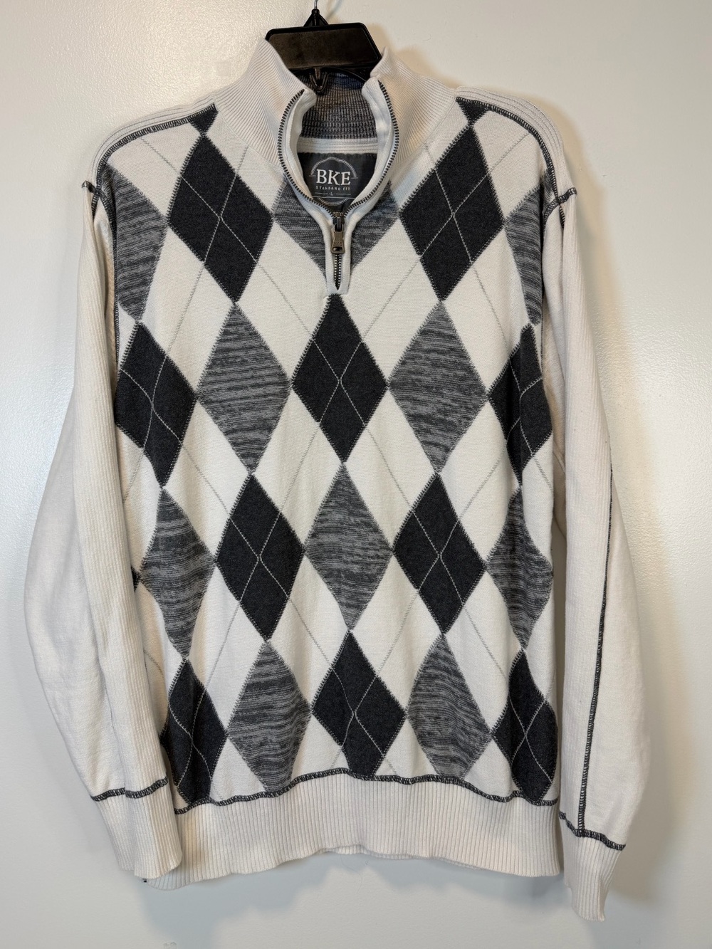 BKE Barton Argyle‎ Men’s White and Gray Zip-Neck Sweater Standard Fit Size Large